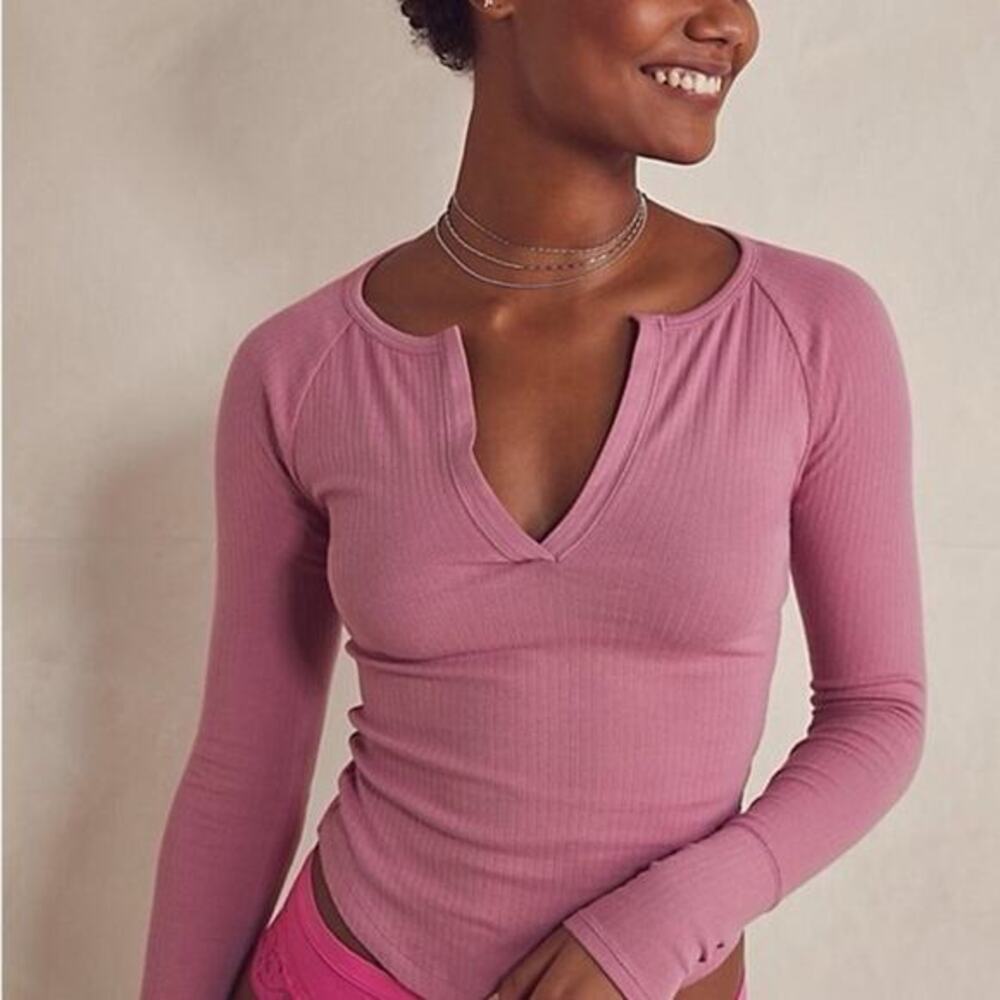 Free People Pink Ribbed Long‎ Sleeve Layering Top